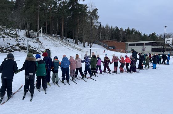 en gruppe mennesker som står på snø